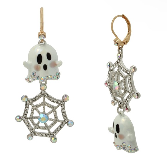 NWT/NIB! Betsey Johnson Glow in the Dark Ghost & Gemmed Spiderweb Earrings - Picture 1 of 5